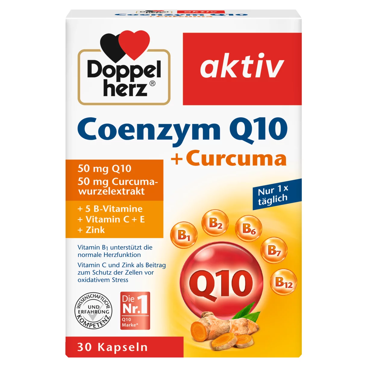 Illustration of the product packaging Doppelherz aktiv Coenzym Q10 + Curcuma  front view